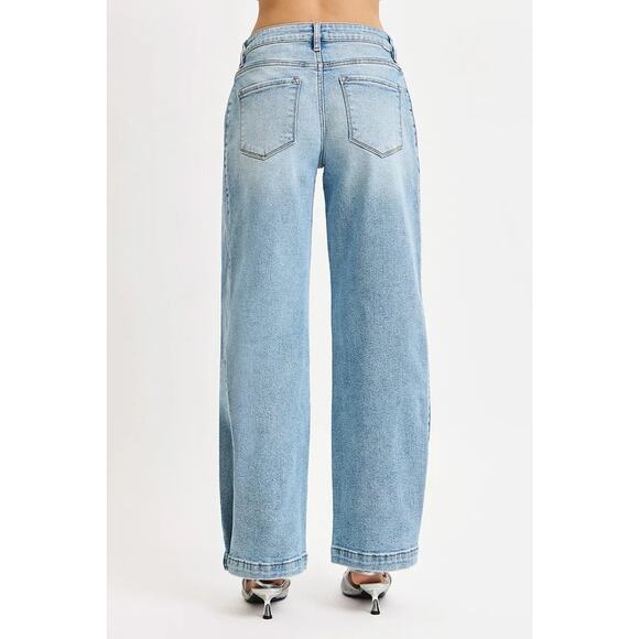 RISEN Mid Rise Snap Button Medium Wash Wide Barrel Transferable Leg Denim Jeans - Picture 6 of 12